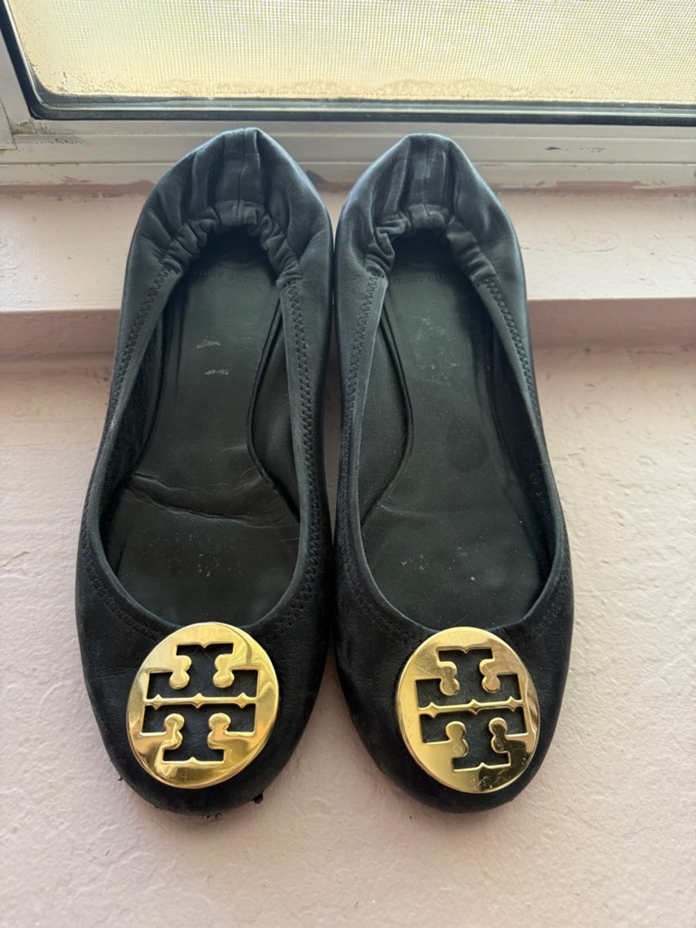 Tory Burch Black Leather Ballet Flats with Gold Logo Medallions